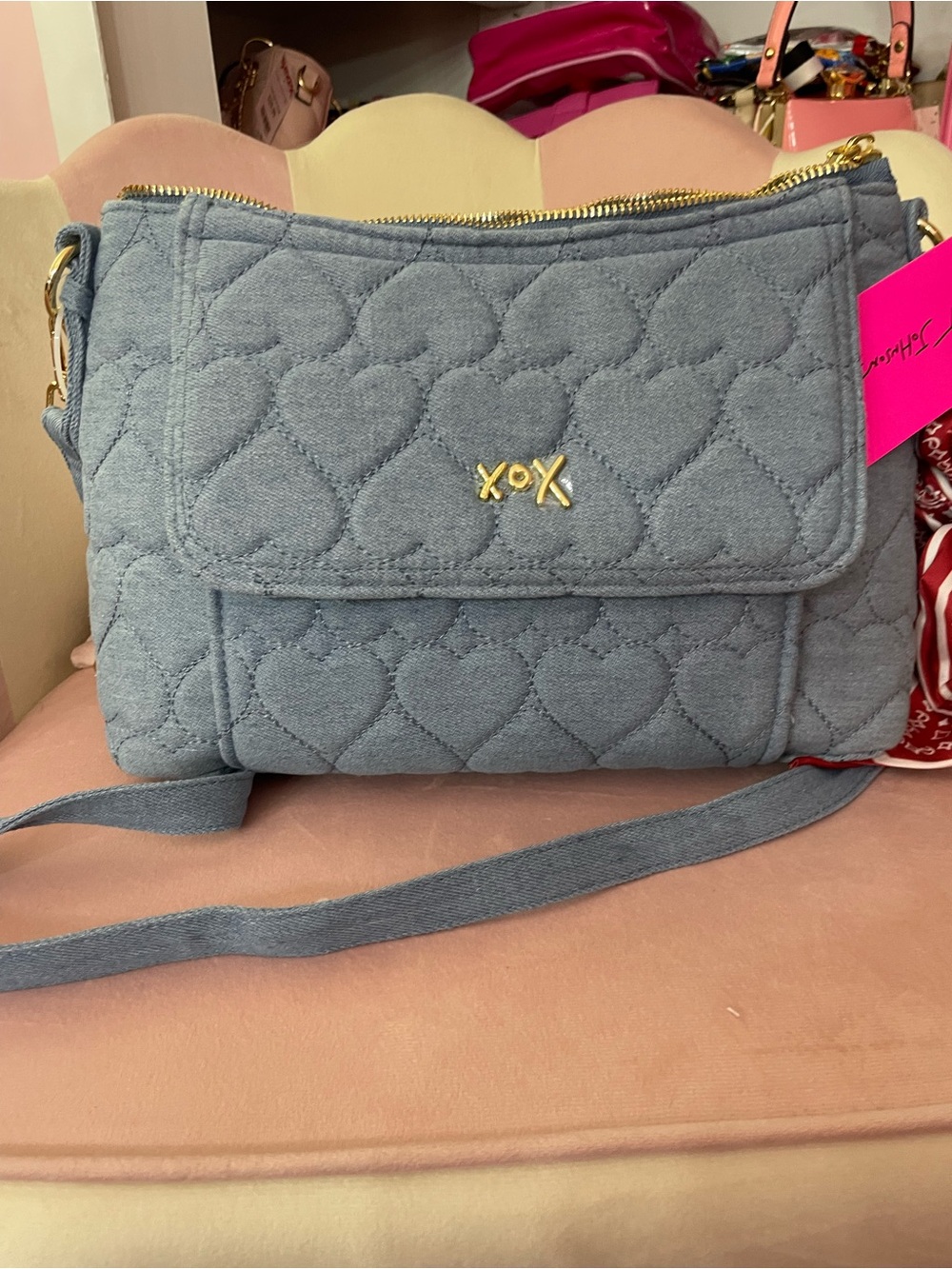 Betsey Johnson Quilted Heart Crossbody in Dusty Blue